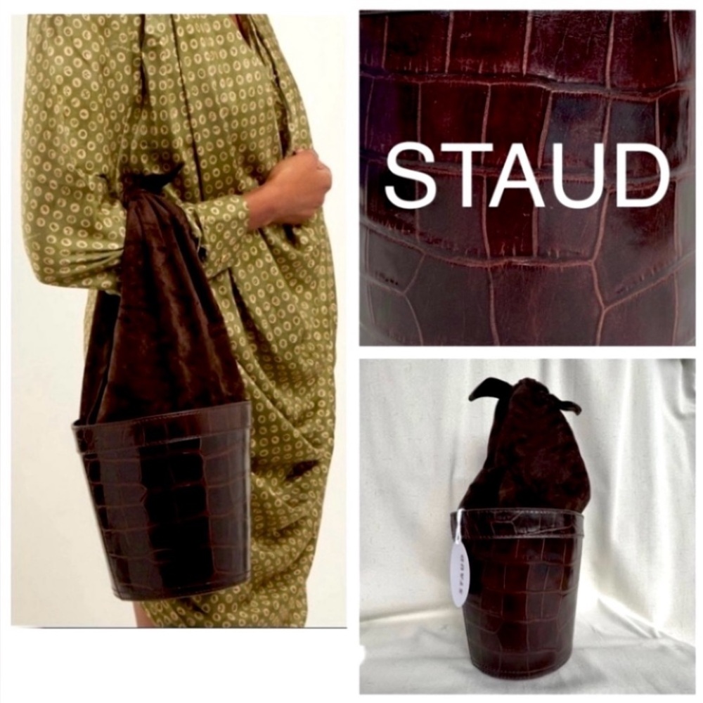 STAUD Britt croc embossed leather bucket bag dark brown